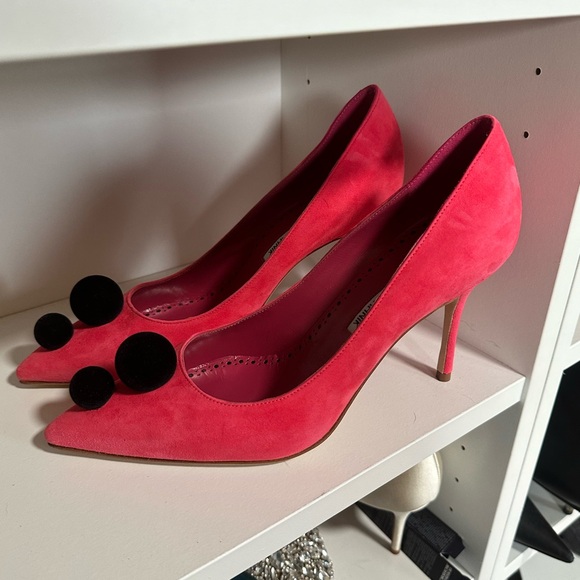 Manolo Blahnik Suede Pom Pom Pumps - Picture 1 of 4
